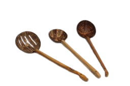Mann Vaasam  Coconut Shell Spoon | Wooden Cooking Utensils | Frying Spoon & Stick Wooden Ladles Set of 3
